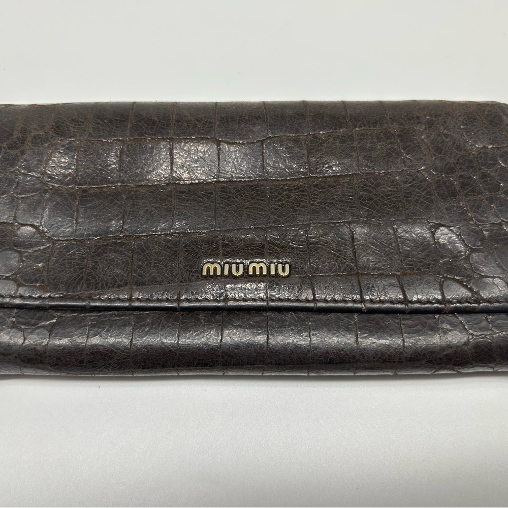 Miu Miu Long Wallet Purse Dark Brown Embossed Crocodile Leather Authentic